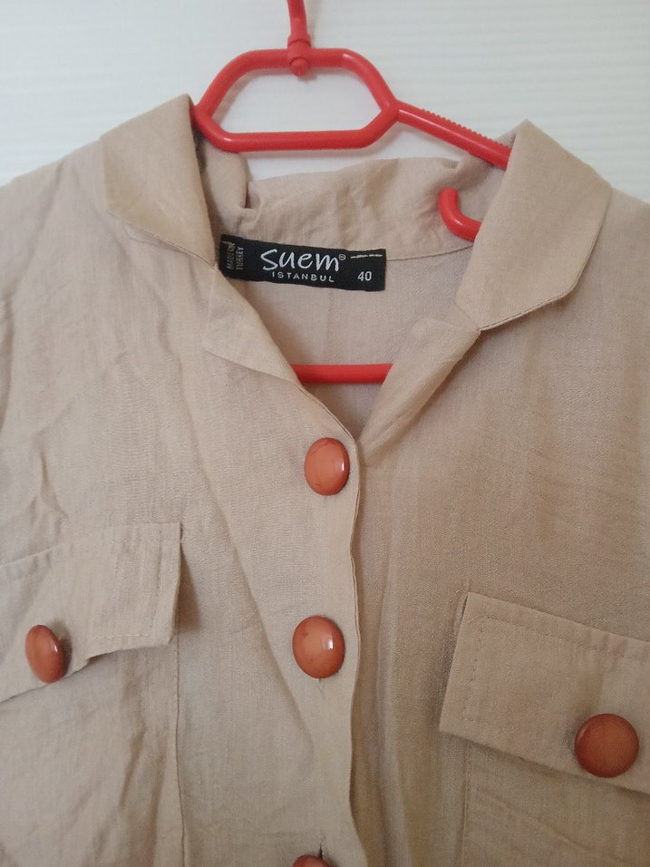 Bej Düğmeli Uzun Keten Elbise - Görsel 3