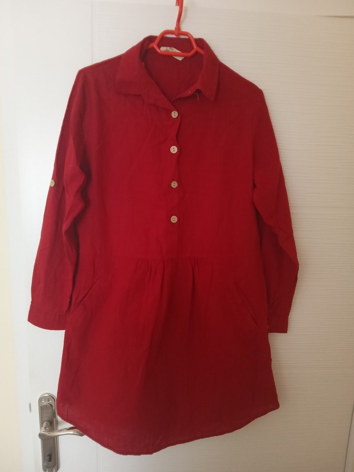 Bordo Düğmeli Midi Keten Tunik - Görsel 2