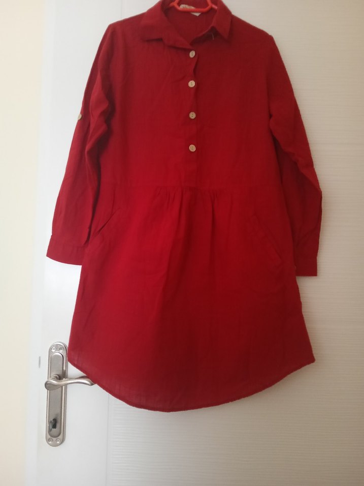 Bordo Düğmeli Midi Keten Tunik - Görsel 3