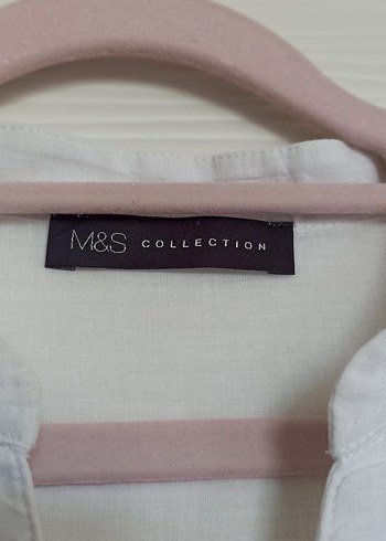 Marks & Spencer Marks Spencer Kadın Beyaz Keten Hakim Yaka Kısa Kollu Gömlek