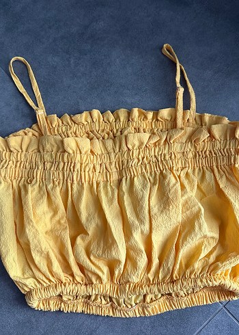 m Beden Sarı Fırfırlı Keten Crop Top M beden