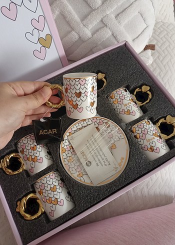 Altın Kulplu Kalp Desenli 6'lı Kahve Fincanı Seti - Görsel 2