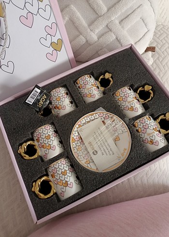 Altın Kulplu Kalp Desenli 6'lı Kahve Fincanı Seti - Görsel 3