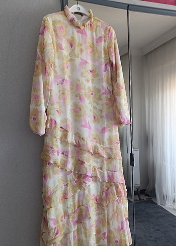 Pembe Çiçekli Uzun Bohem Elbise
