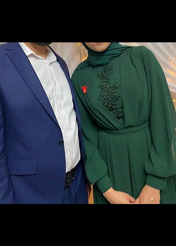 Yeşil İşlemeli Uzun Kollu Abiye Elbise - Görsel 2