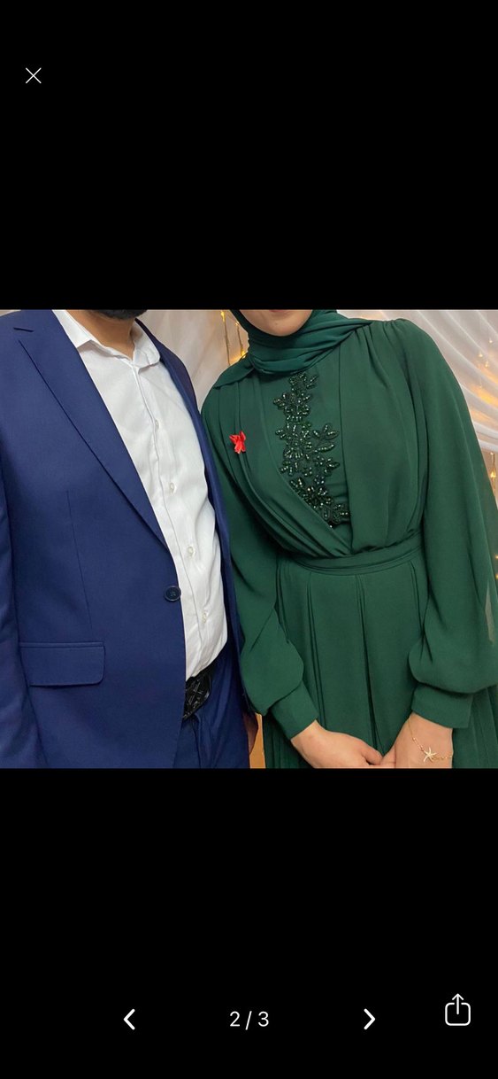 Yeşil İşlemeli Uzun Kollu Abiye Elbise - Görsel 2