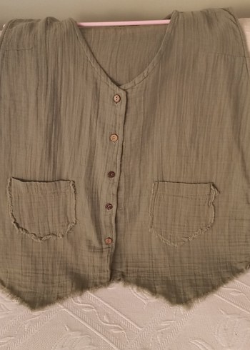 Sıfır ürün. bürümcük, Keten kumaş. Çağla yeşili, Kadın Yelek - Görsel 7