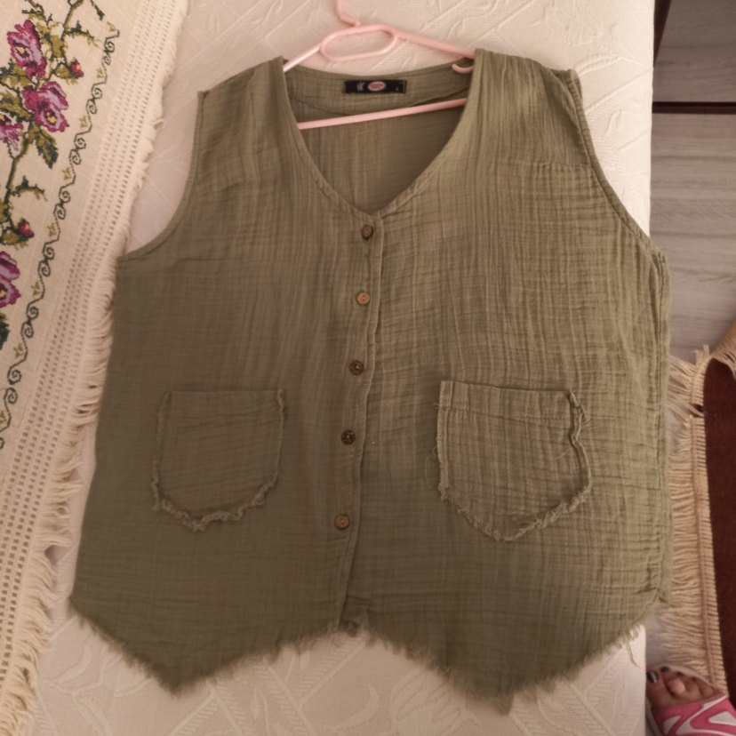 Sıfır ürün. bürümcük, Keten kumaş. Çağla yeşili, Kadın Yelek - Görsel 5