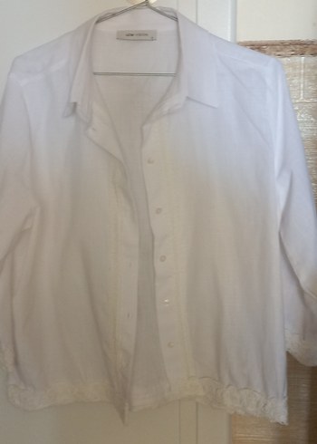 Beyaz Keten Düğmeli Kadın Gömlek - Görsel 2