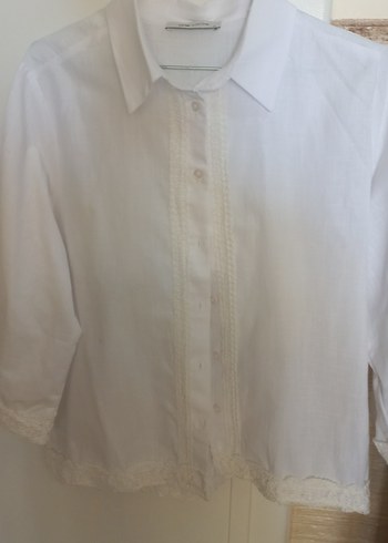 Beyaz Keten Düğmeli Kadın Gömlek - Görsel 9