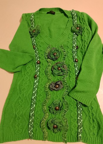 Nakışlı Yeşil Uzun Kollu Triko Kadın Kazak - Görsel 2