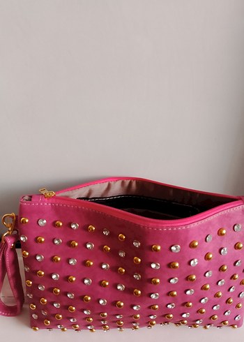 Pembe Nakışlı Süet Kadın Çanta.Clutch çanta - Görsel 2