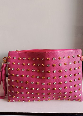 Pembe Nakışlı Süet Kadın Çanta.Clutch çanta - Görsel 5