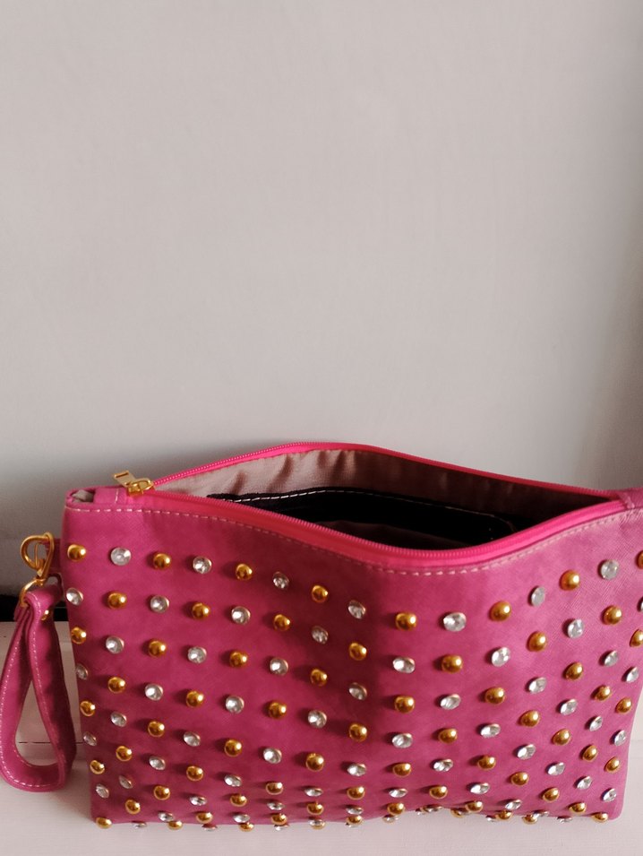 Pembe Nakışlı Süet Kadın Çanta.Clutch çanta - Görsel 2