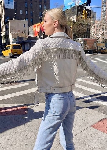 Beyaz İşlemeli Deri Biker Ceket - Görsel 5