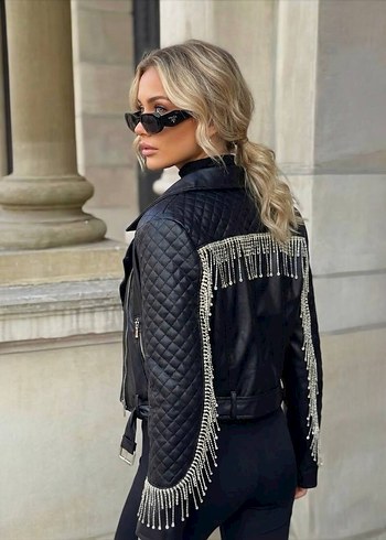 Beyaz İşlemeli Deri Biker Ceket - Görsel 3