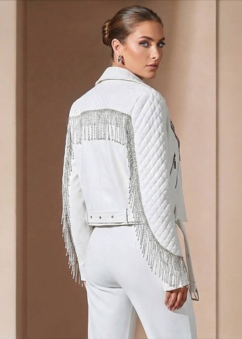 Beyaz İşlemeli Deri Biker Ceket - Görsel 4