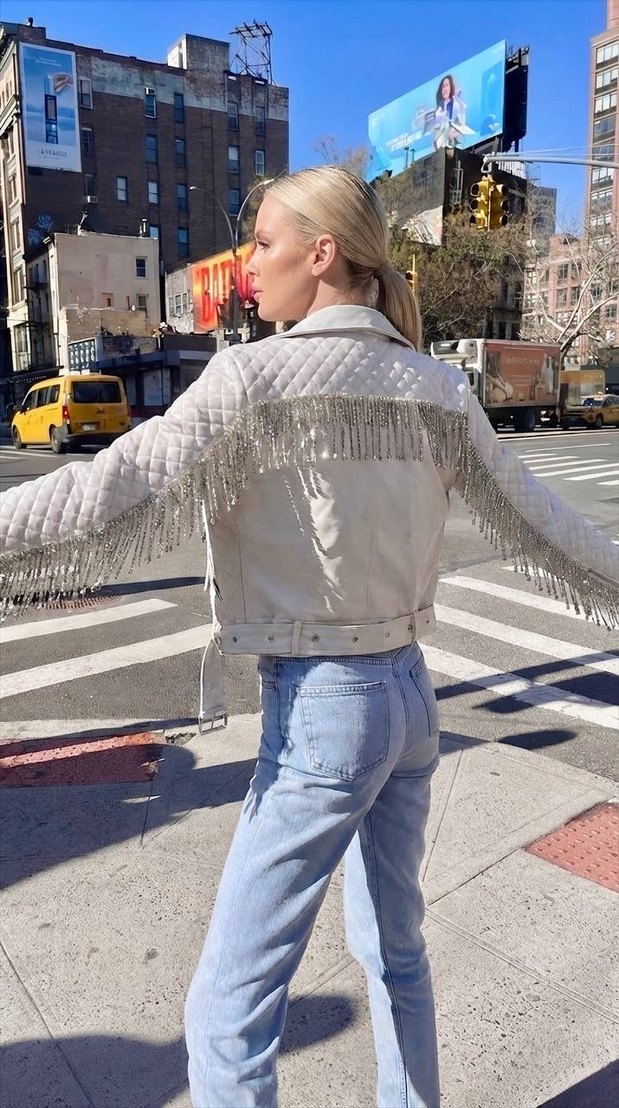 Beyaz İşlemeli Deri Biker Ceket - Görsel 5