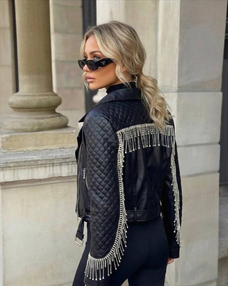 Beyaz İşlemeli Deri Biker Ceket - Görsel 3