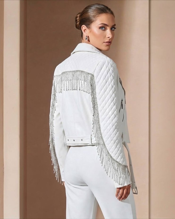 Beyaz İşlemeli Deri Biker Ceket - Görsel 4