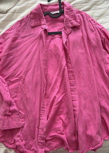 Pembe Keten Düğmeli Kadın Gömlek