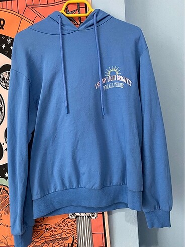 Mavi baskılı kapüşonlu polar sweatshirt