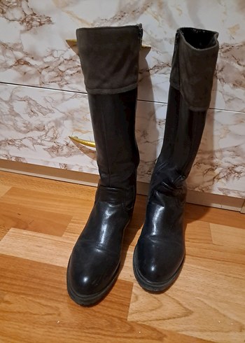 Siyah Deri Diz Boyu Çizme - Görsel 6
