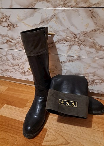 Siyah Deri Diz Boyu Çizme - Görsel 3