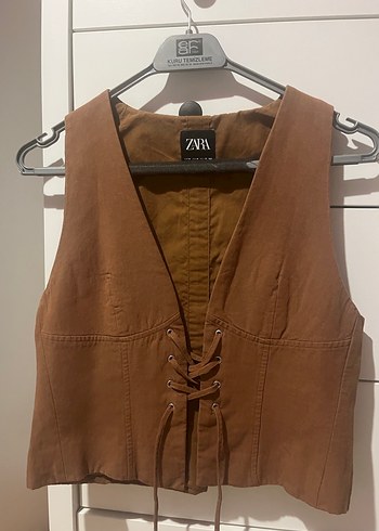 Zara Kahverengi keten Bağcıklı Kolsuz Kadın Yelek