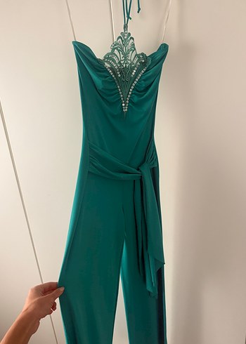 Vakkoroma Turkuaz Drapeli Straplez Uzun Abiye Tulum - Görsel 5