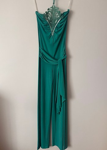 Vakkoroma Turkuaz Drapeli Straplez Uzun Abiye Tulum - Görsel 4