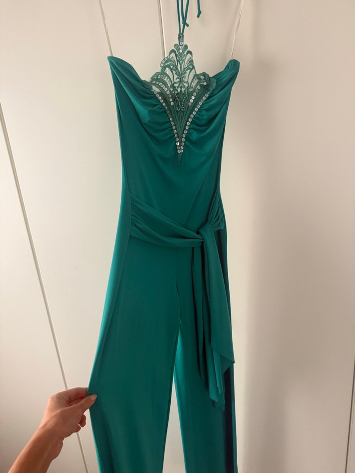 Vakkoroma Turkuaz Drapeli Straplez Uzun Abiye Tulum - Görsel 5