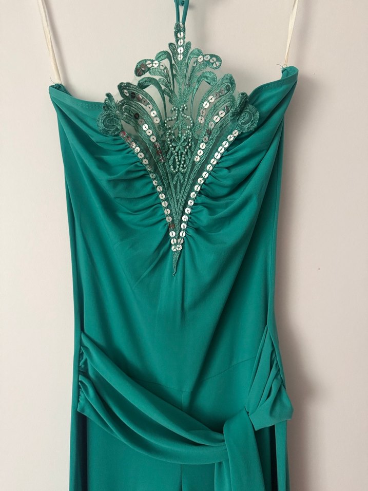 Vakkoroma Turkuaz Drapeli Straplez Uzun Abiye Tulum - Görsel 2