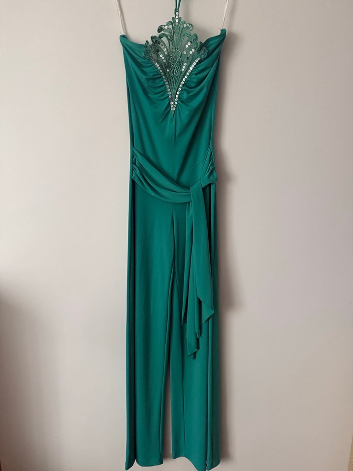 Vakkoroma Turkuaz Drapeli Straplez Uzun Abiye Tulum - Görsel 4