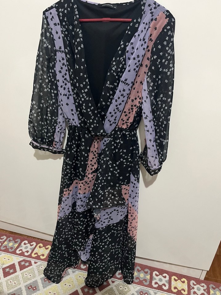 Koyu Renkli Çok Renkli Bağlama Desenli Uzun Elbise - Görsel 3