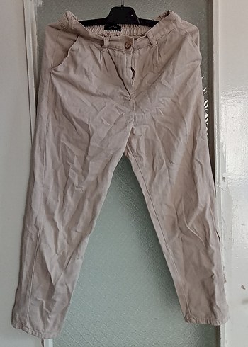Bej Keten Salaş Midi Kadın Pantolon