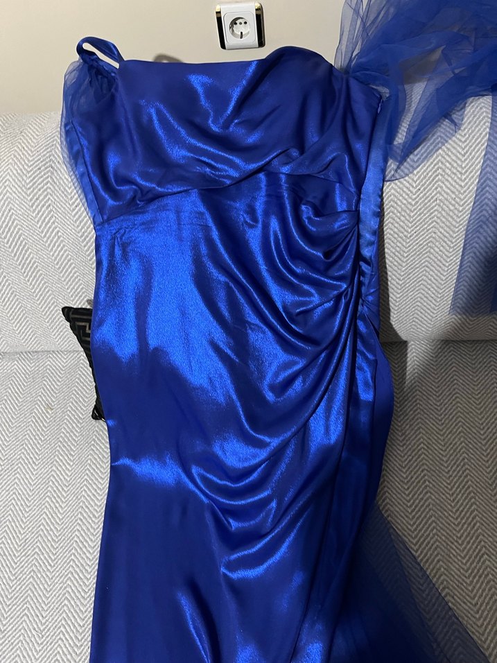 Parlak Mavi Drapeli Uzun Abiye Elbise - Görsel 5