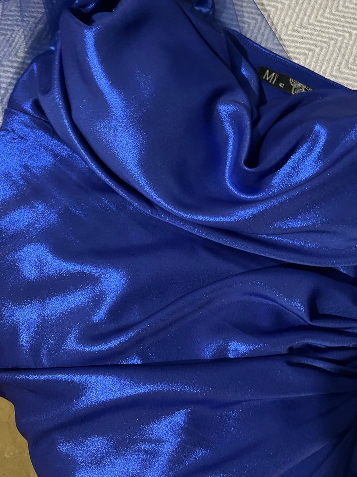 Parlak Mavi Drapeli Uzun Abiye Elbise - Görsel 3