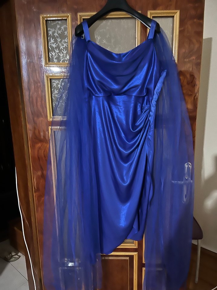 Parlak Mavi Drapeli Uzun Abiye Elbise - Görsel 2