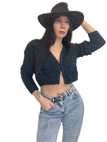 Simli crop hırka