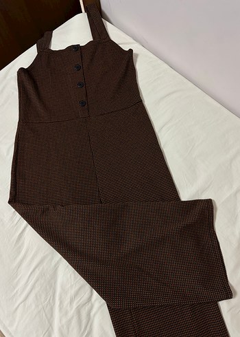 Düğmeli Kahverengi Kadın Uzun Tulum - Görsel 2