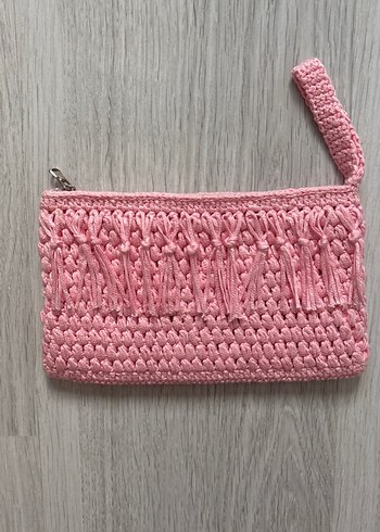 Püsküllü Pembe Örgü Kadın Portföy Çanta