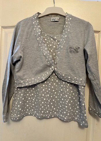 Gri Puantiyeli Kız Hırka ve Bluz Takımı - Görsel 2