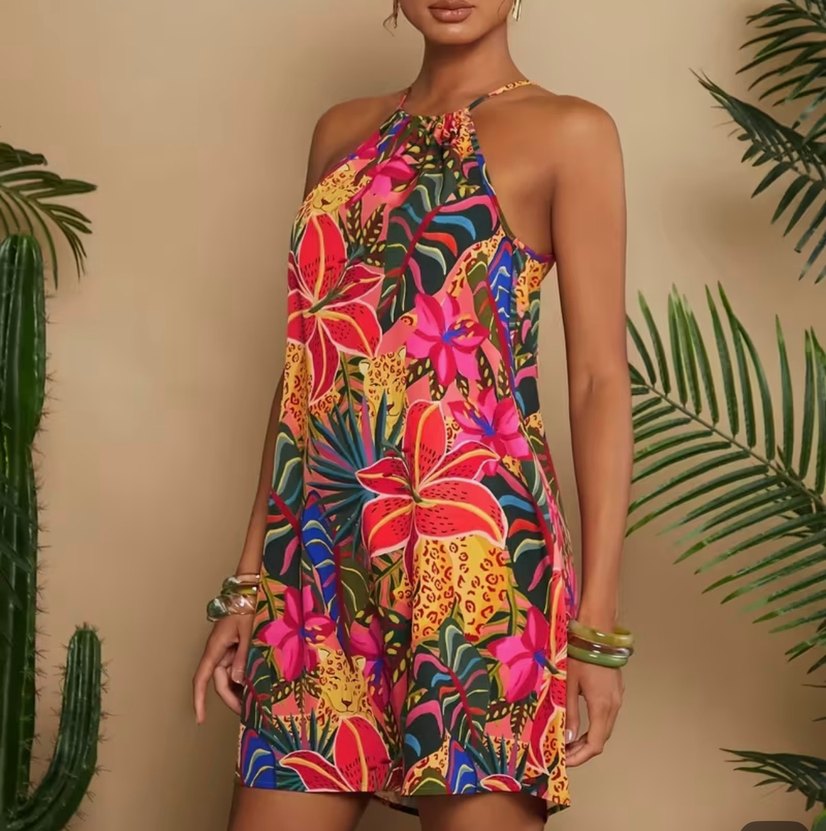 Renkli çiçekli Straplez Mini Elbise - Görsel 2