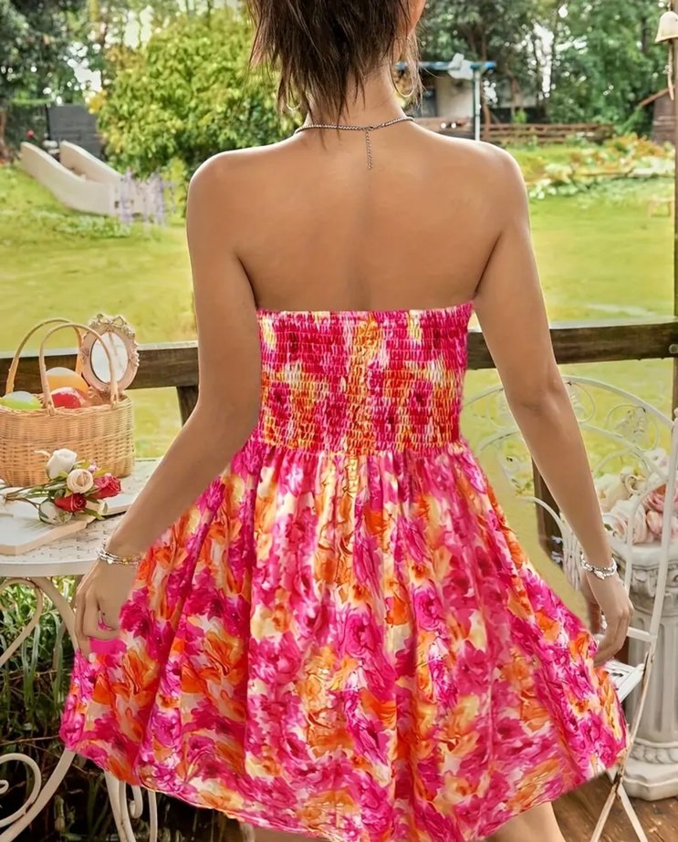 Pembe Pilili Straplez Mini Bohem Elbise - Görsel 2