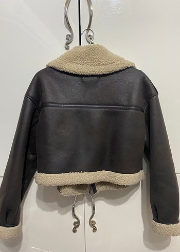 Stradivarius Stradivarius Kürk Detaylı Kahverengi Deri Kadın Biker Ceket