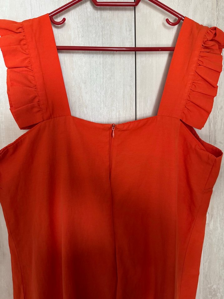 Kırmızı Midi Keten Salaş Elbise - Görsel 3