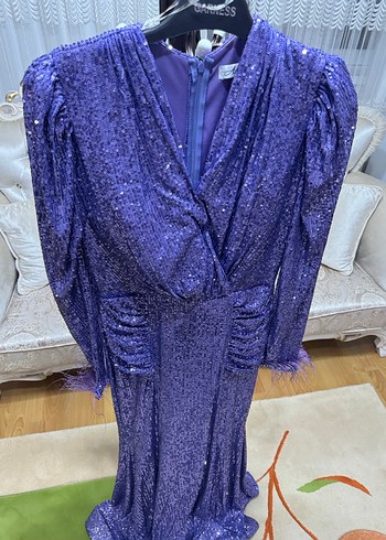 Mor Uzun Kollu Drapeli Abiye Elbise - Görsel 2