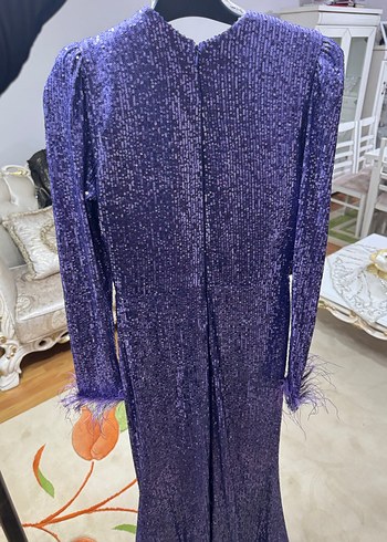 Mor Uzun Kollu Drapeli Abiye Elbise - Görsel 4