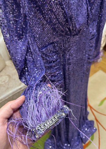 Mor Uzun Kollu Drapeli Abiye Elbise - Görsel 3